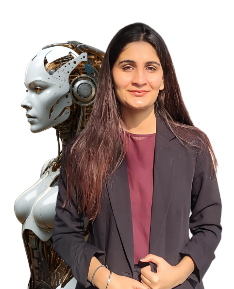 A professional woman stands confidently alongside a futuristic AI robot, symbolising human expertise alongside advanced artificial intelligence.
